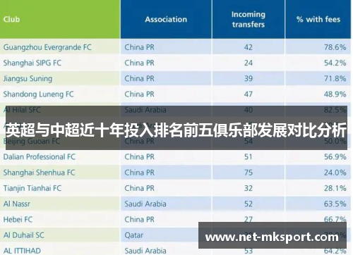 英超与中超近十年投入排名前五俱乐部发展对比分析